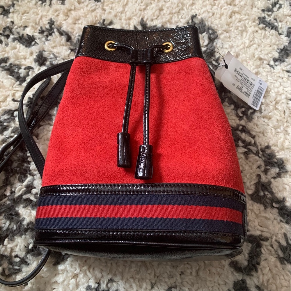 GUCCI - Suede Patent Web Small Ophidia Bucket Bag